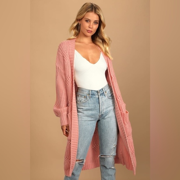 Lulus Tres Cozy Blush Chunky Cable Knit Oversized Cardigan Women's Size XS - Picture 1 of 13